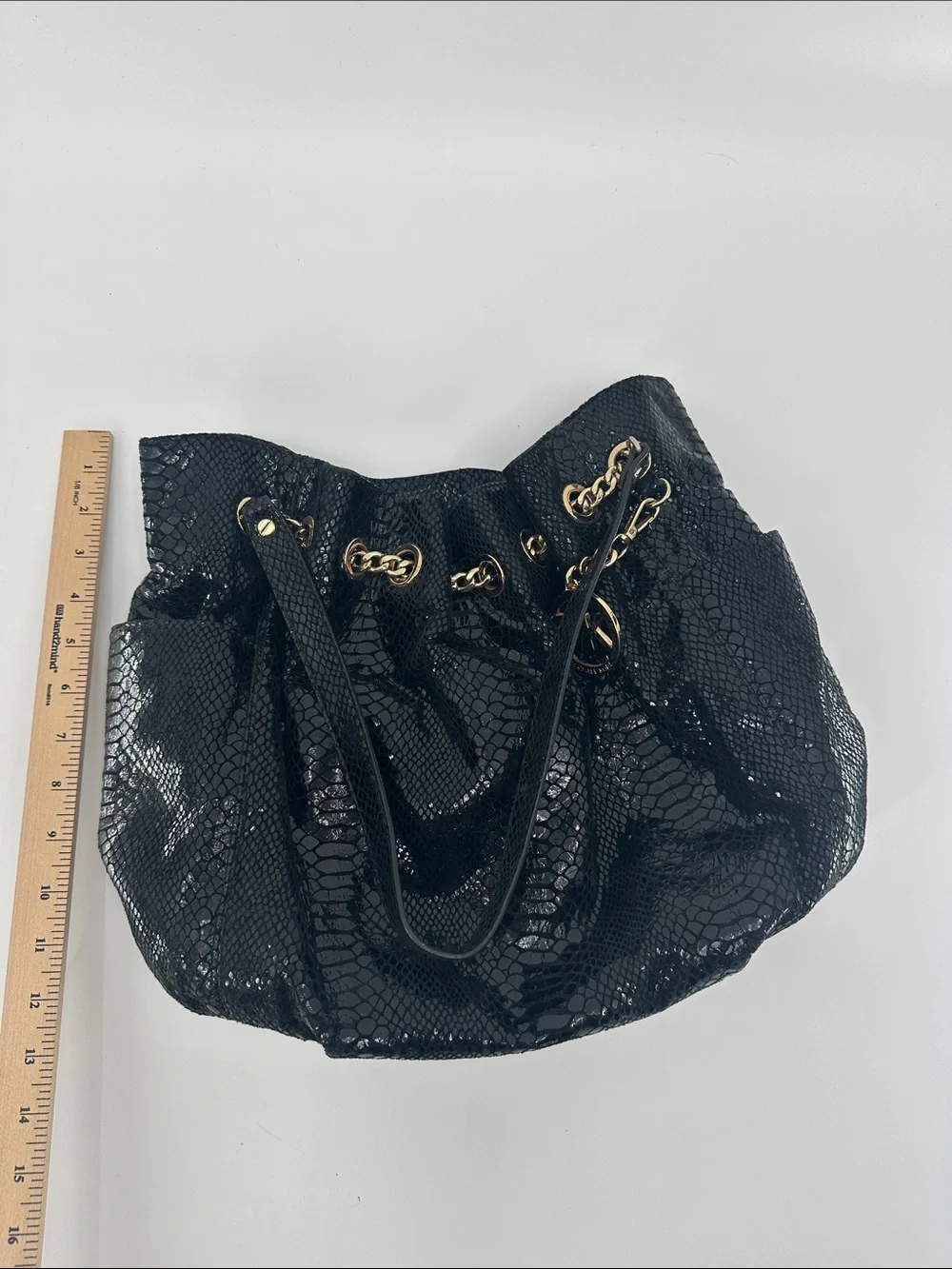 Michael Kors Black Patent Snakeskin-Textured Drawstring Shoulder Bag